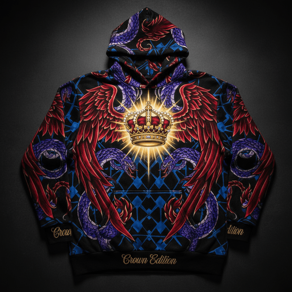 TITAN Crown Edition Tattoo Art Men's Lounge Hoodie - bold grand finale crown tattoo artwork on matte black heavyweight fleece
