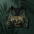TITAN Elite Sports Bra Black & Gold — Crown Edition jaguar jungle vines tattoo overhead flat lay