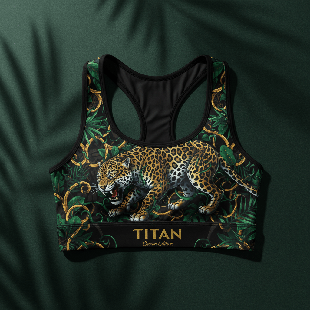 TITAN Elite Sports Bra Black & Gold — Crown Edition jaguar jungle vines tattoo overhead flat lay