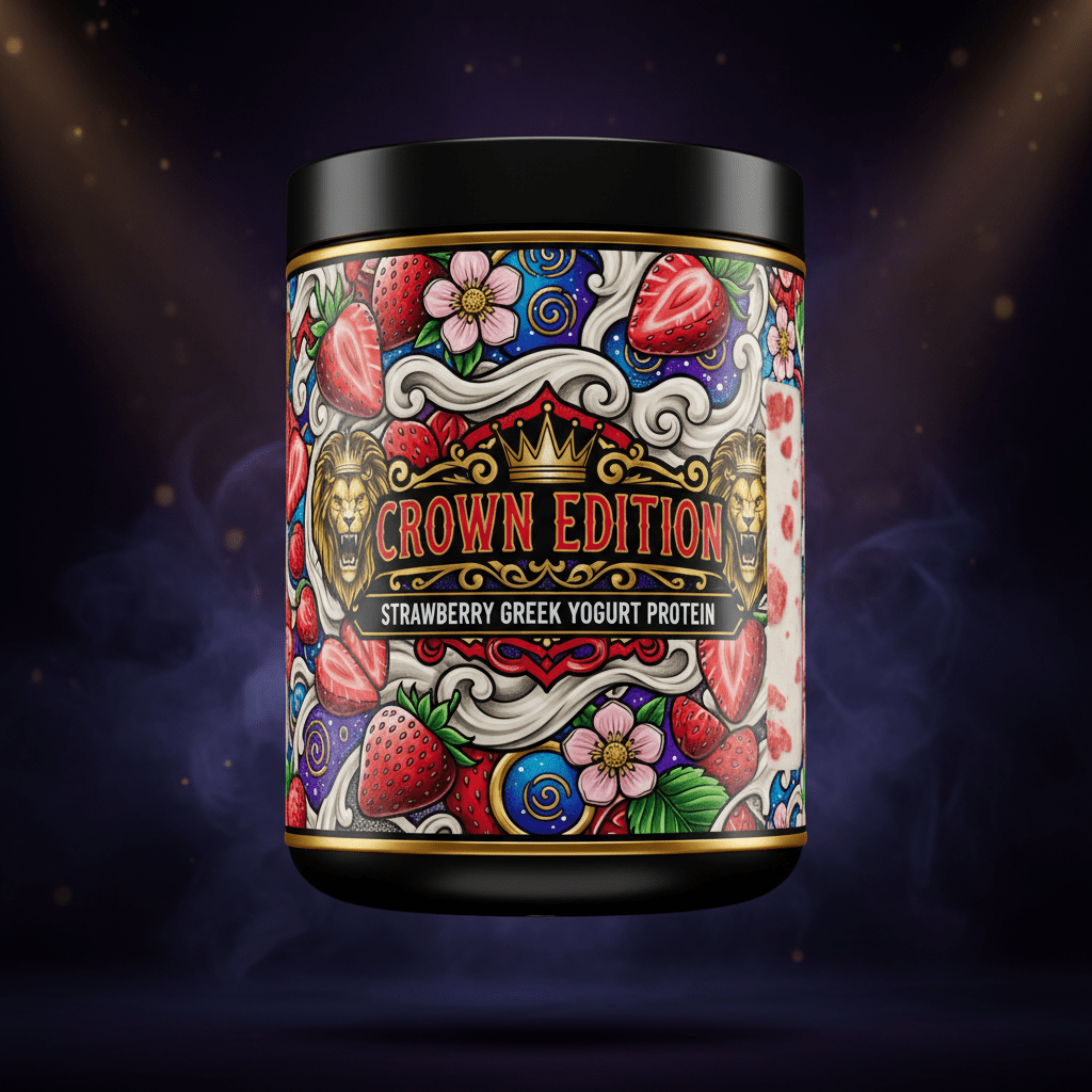 TITAN Greek Yogurt Protein Powder Strawberry — Crown Edition bold tattoo-style artwork