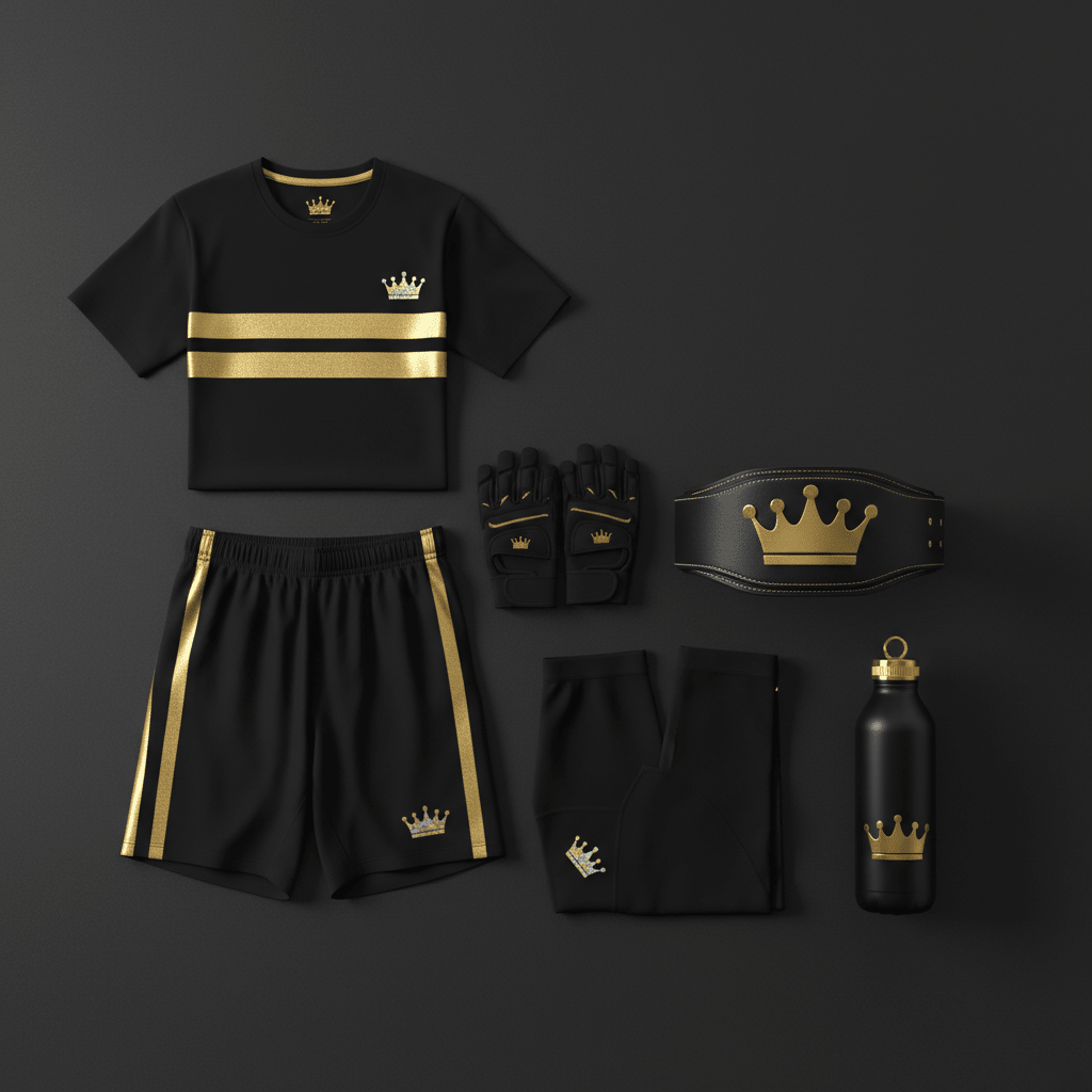 TITAN Men's Training Starter Kit — T-Shirt, Shorts, Compression Tights, Gym Gloves, Lifting Belt & Water Bottle flat lay