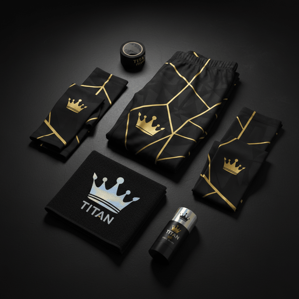 TITAN Crown Compression Performance Kit — Tights, Arm Sleeves, Calf Sleeves, Athletic Tape, Sweat Towel & Anti-Chafe Stick flat lay