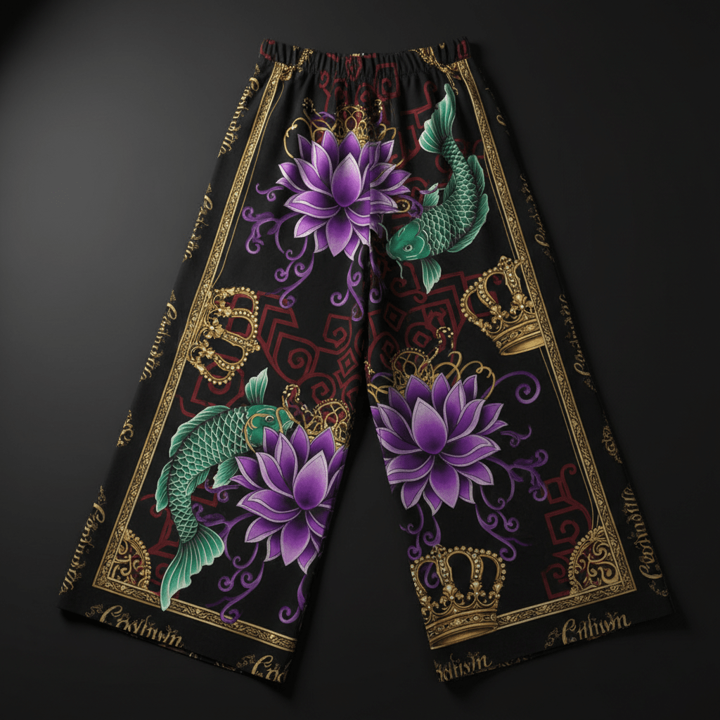 TITAN Crown Edition Tattoo Art Women's Lounge Wide-Leg Pants - bold lotus koi tattoo artwork on matte black modal fabric