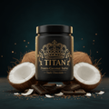 TITAN Protein Coconut Butter – Dark Chocolate, matte black jar with gold crown tattoo artwork, coconut halves and dark chocolate shards