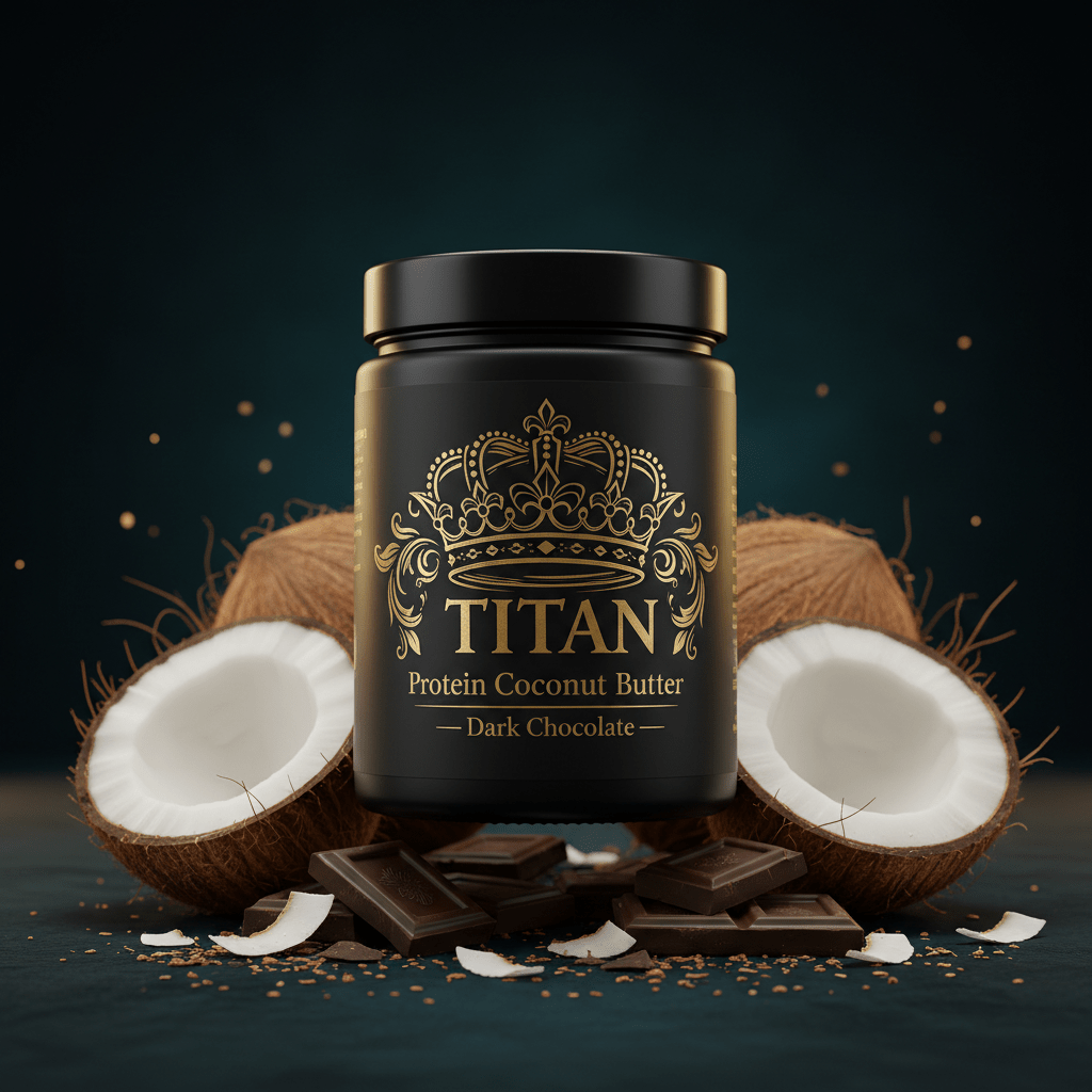 TITAN Protein Coconut Butter – Dark Chocolate, matte black jar with gold crown tattoo artwork, coconut halves and dark chocolate shards