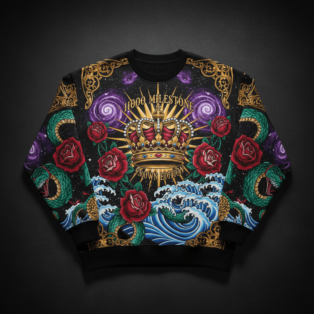 TITAN Crown Edition 11K Milestone Men's Lounge Crewneck - epic imperial crown tattoo masterpiece on matte black heavyweight fleece