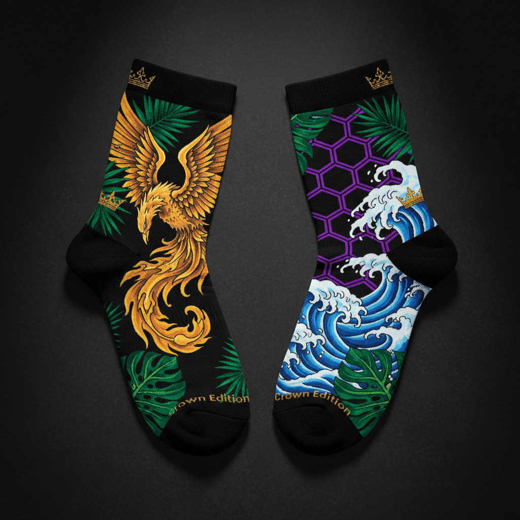 TITAN Crown Edition Tattoo Art Low-Cut Trainer Socks - bold colorful tattoo artwork on matte black fabric