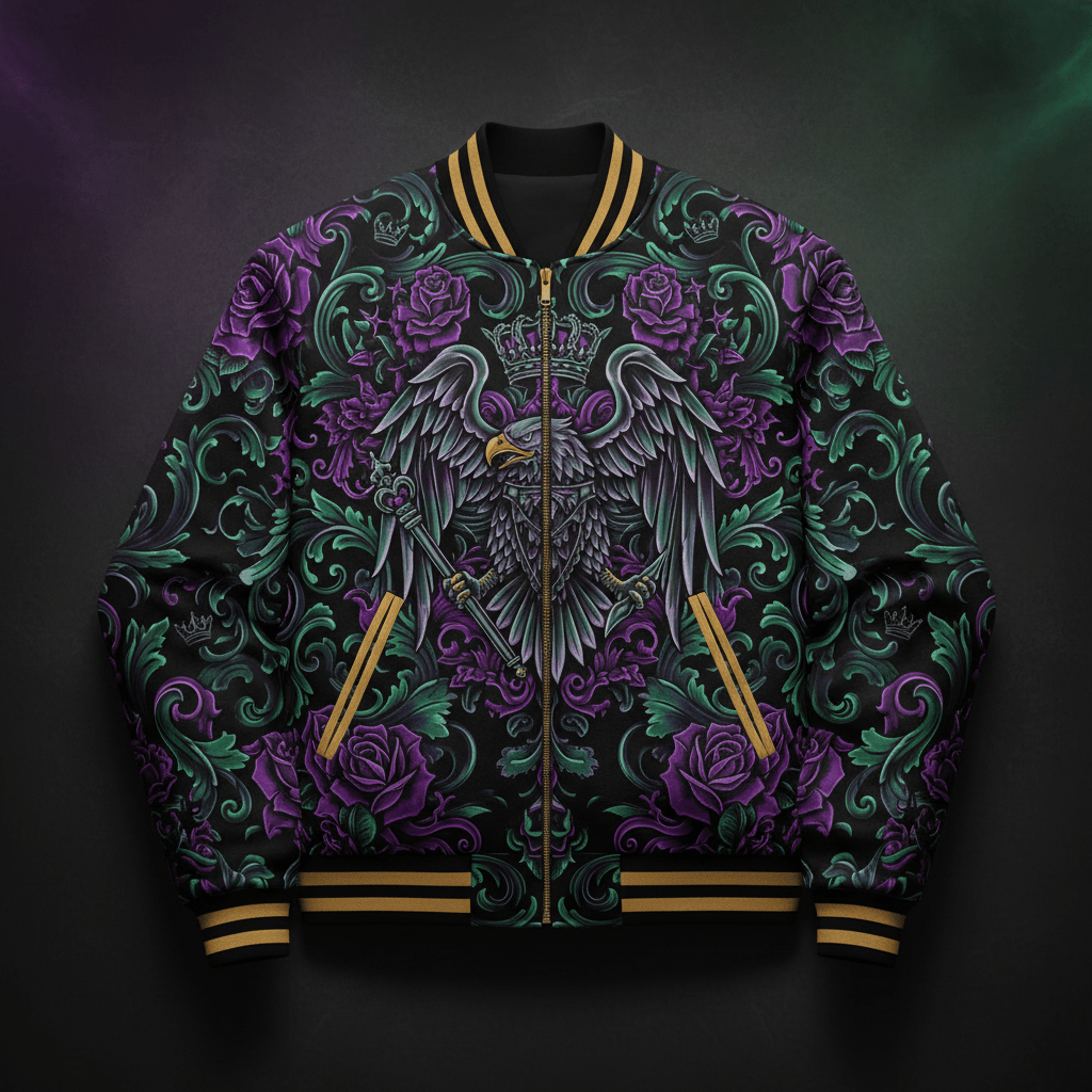 TITAN Crown Edition Varsity Bomber Jacket — Crowned eagle tattoo artwork in electric purple and emerald green