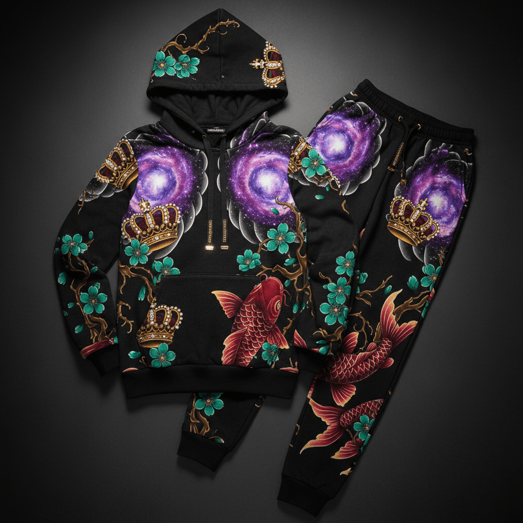 TITAN Crown Edition Tattoo Art Women's Lounge Jogger Set - bold galaxy blossom tattoo artwork on matte black fleece