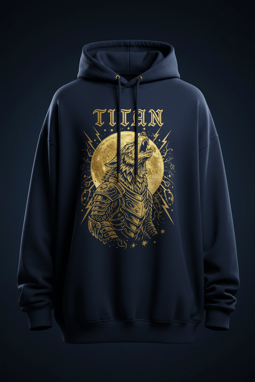 TITAN Wolf Crown Oversized Hoodie in Midnight Navy with gold wolf crown graphic