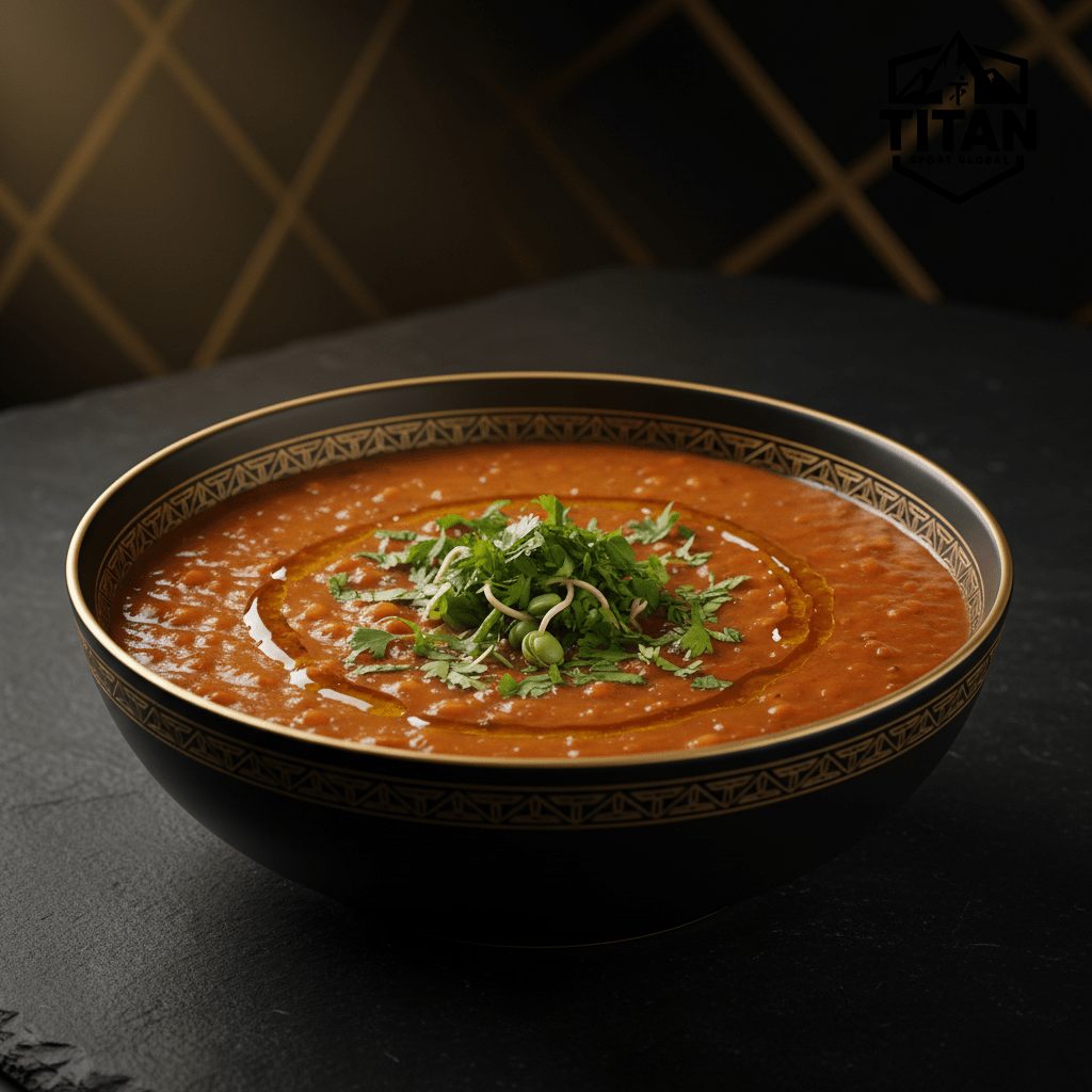 TITAN Organic High-Protein Lentil Soup Red Lentil — Crown Edition matte black and gold bowl with TITAN SPORT GLOBAL logo