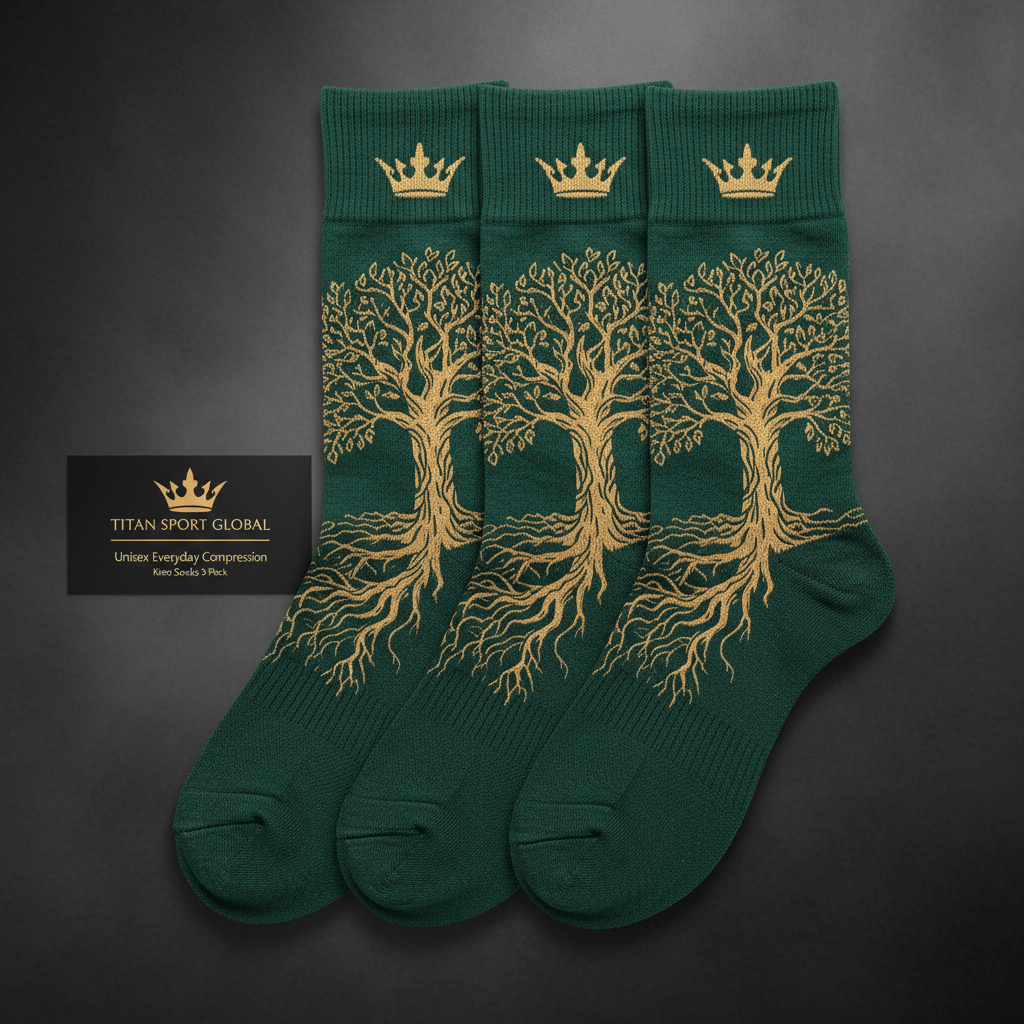 TITAN Unisex Everyday Compression Knee Socks Forest Green Tree of Life Crown Edition 3-Pack flat lay