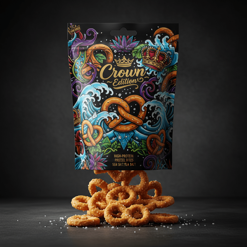 TITAN High-Protein Pretzel Bites Sea Salt — Crown Edition bold tattoo-style artwork