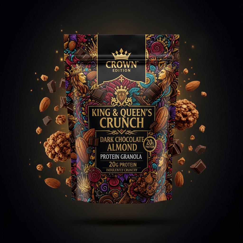 TITAN High-Protein Granola Dark Chocolate Almond — Crown Edition bold tattoo-style artwork