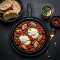 TITAN Tunisian Harissa Tuna Shakshuka Breakfast flat lay dark luxury