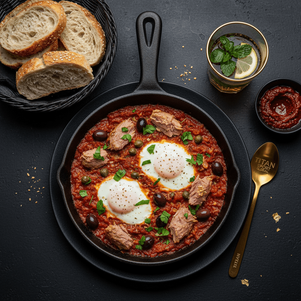 TITAN Tunisian Harissa Tuna Shakshuka Breakfast flat lay dark luxury