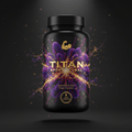 TITAN Agmatine Sulfate Pump Formula black glass bottle with 24K gold accents and explosive muscle fiber burst artwork in royal purple, magenta and gold