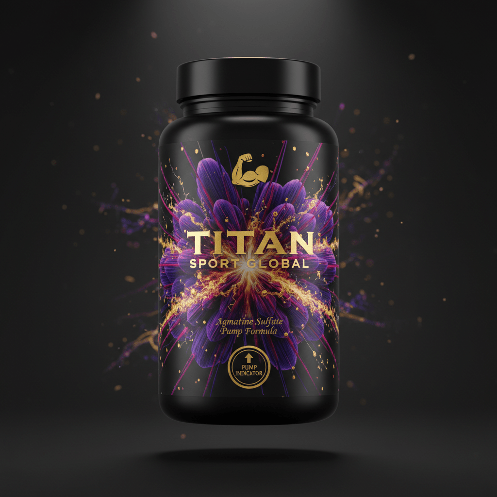 TITAN Agmatine Sulfate Pump Formula black glass bottle with 24K gold accents and explosive muscle fiber burst artwork in royal purple, magenta and gold