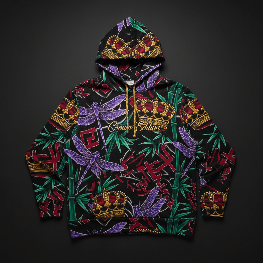 TITAN Crown Edition Tattoo Art Women's Lounge Hoodie - bold colorful dragonfly bamboo tattoo artwork on matte black fleece