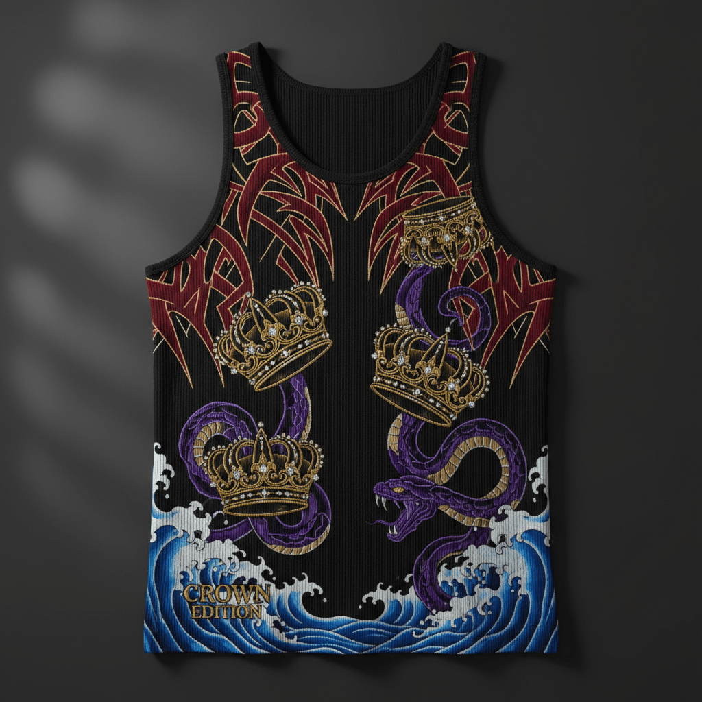 TITAN Crown Edition Tattoo Art Men's Lounge Ribbed Tank - bold colorful tattoo artwork on matte black ribbed fabric