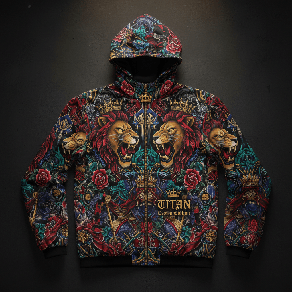 TITAN Crown Edition Windbreaker — tattoo-style flat lay