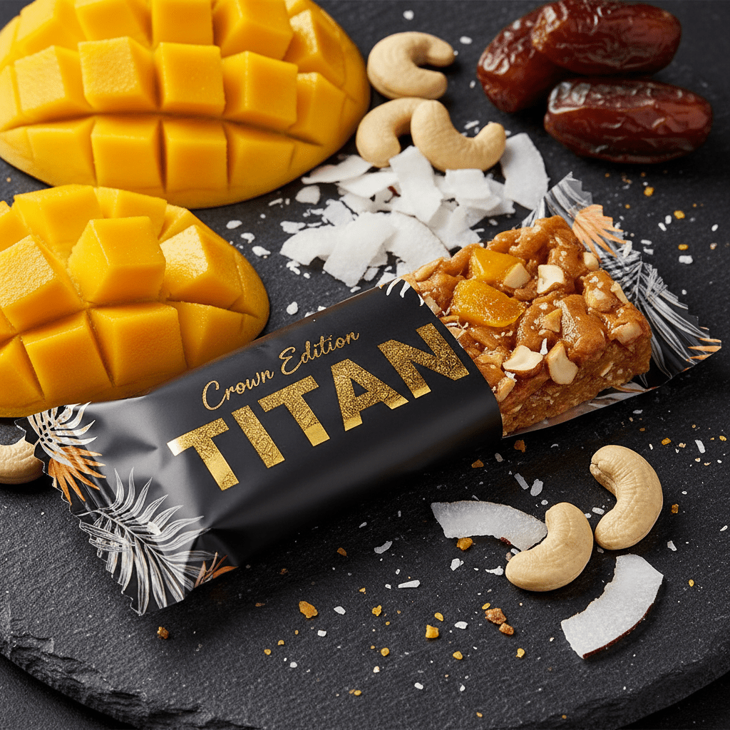 TITAN Raw Bar Mango Coconut Crown Edition — real mango & coconut natural energy vegan product shot