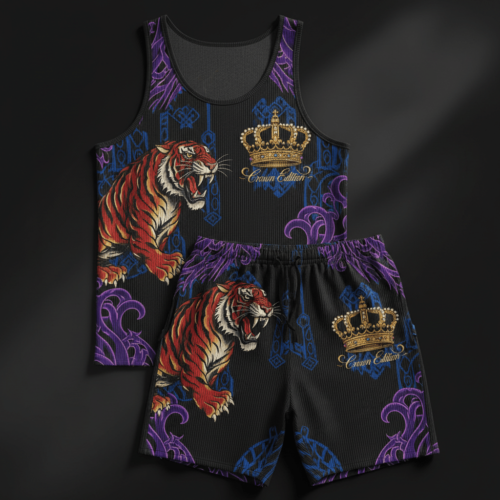 TITAN Crown Edition Tattoo Art Men's Lounge Ribbed Set - bold tiger wave tattoo artwork on matte black ribbed fabric