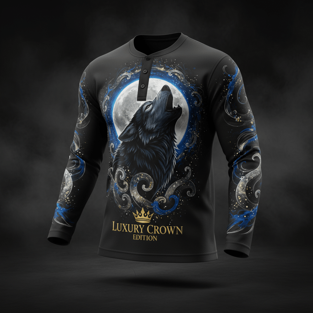 TITAN Men's Wolf Moon Henley Long Sleeve Crown Edition — bold tattoo-style wolf moon artwork