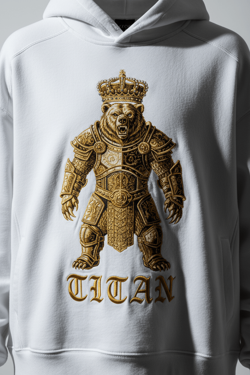 TITAN Bear Crown Oversized Hoodie in Ice White with gold bear crown graphic