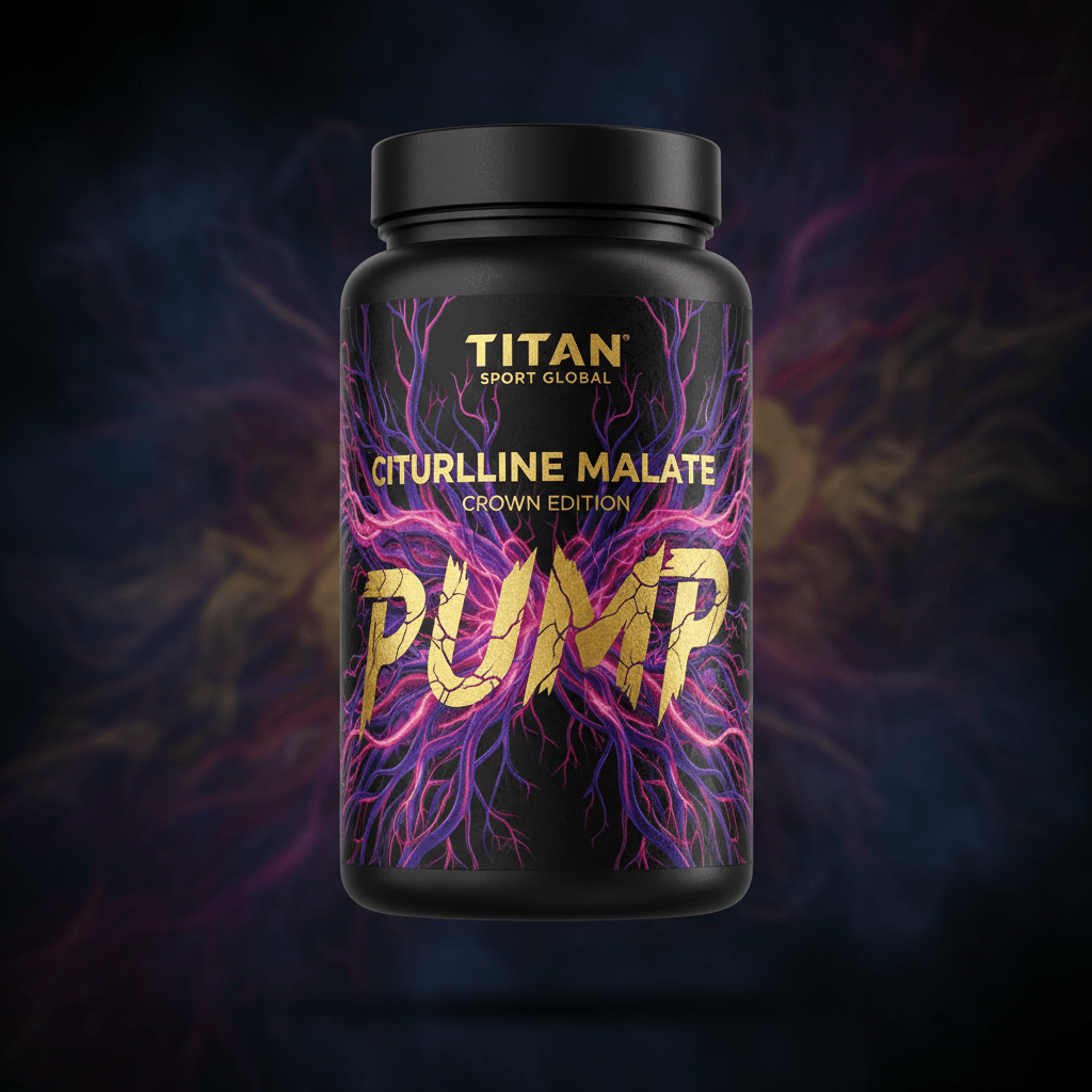 TITAN Citrulline Malate supplement bottle with Crown Edition matte black and gold packaging featuring glowing vascular network artwork in purple and magenta