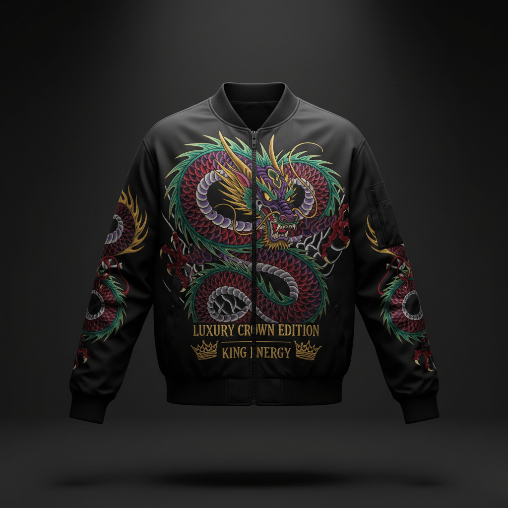 TITAN Men's Dragon Fire Bomber Jacket Crown Edition — bold tattoo-style dragon artwork