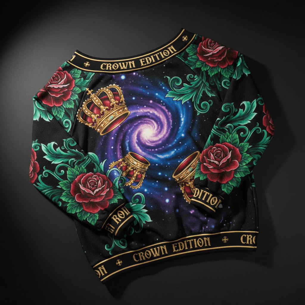 TITAN Crown Edition Tattoo Art Women's Off-Shoulder Lounge Sweatshirt - bold colorful tattoo artwork on matte black fleece