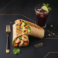 TITAN Peruvian Shrimp Ceviche Breakfast Wrap flat lay dark luxury