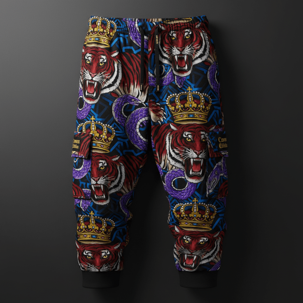 TITAN Crown Edition Tattoo Art Men's Lounge Cargo Joggers - bold colorful tattoo artwork on matte black fabric