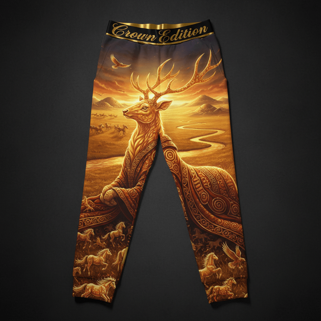 TITAN Scythian Amazon Deer Women's Lounge Pants Crown Edition — deer in Scythian Amazon robes anime art on matte black