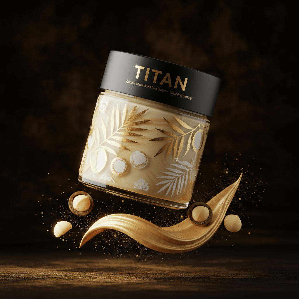 TITAN Organic Macadamia Nut Butter Smooth & Creamy — ultra-premium luxury editorial product shot