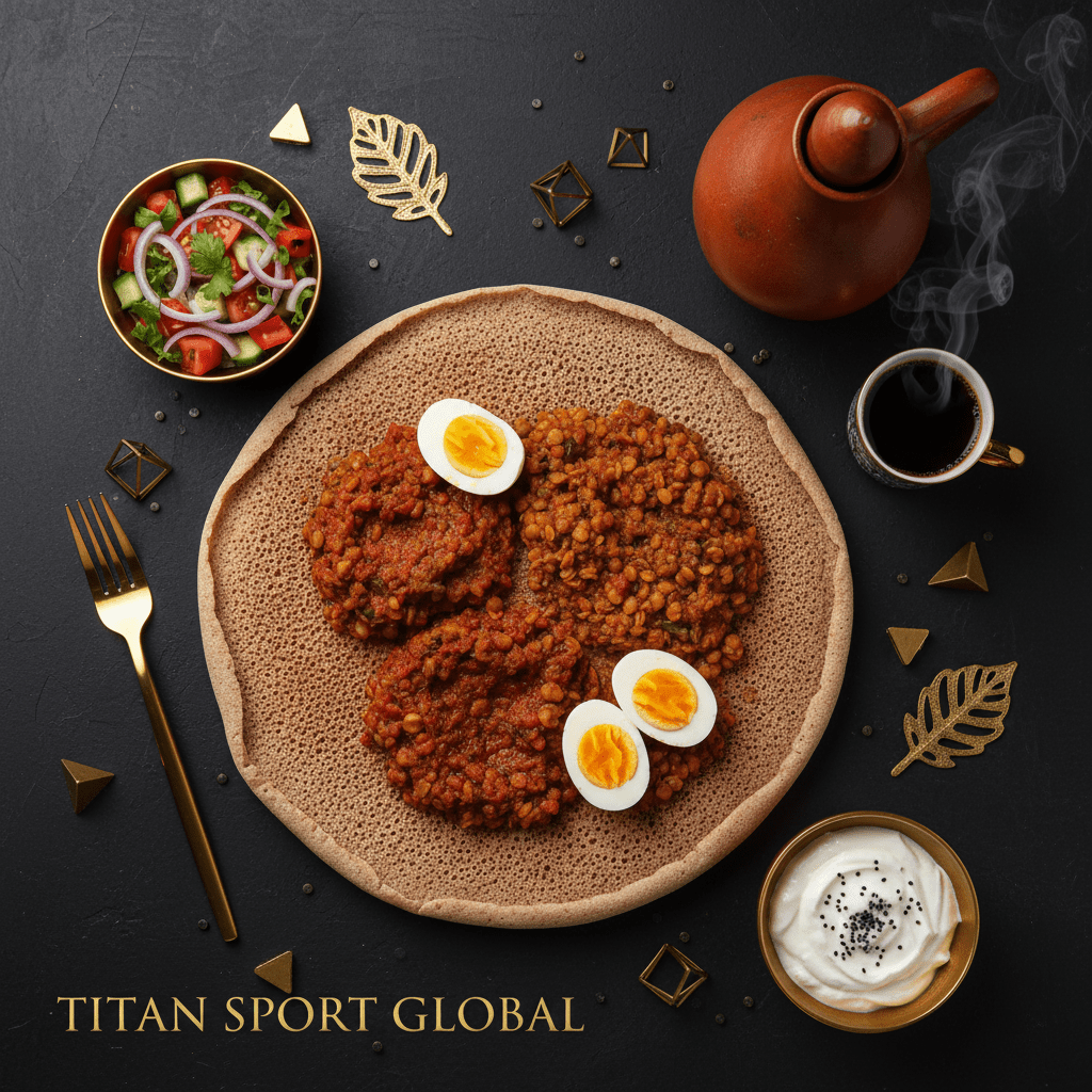 TITAN Eritrean Injera Lentil Power Breakfast flat lay dark luxury