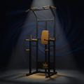 TITAN Pull-Up & Dip Station — Matte black heavy-duty training tower with gold crown logo and grip padding