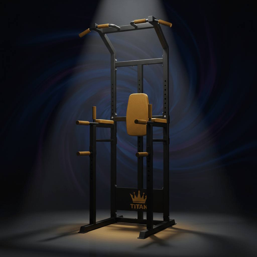 TITAN Pull-Up & Dip Station — Matte black heavy-duty training tower with gold crown logo and grip padding