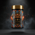 TITAN Iron plus Vitamin C Capsules container with iron ore crystals, citrus blossoms and crown tattoo-style Crown Edition artwork in steel blue, electric orange and gold