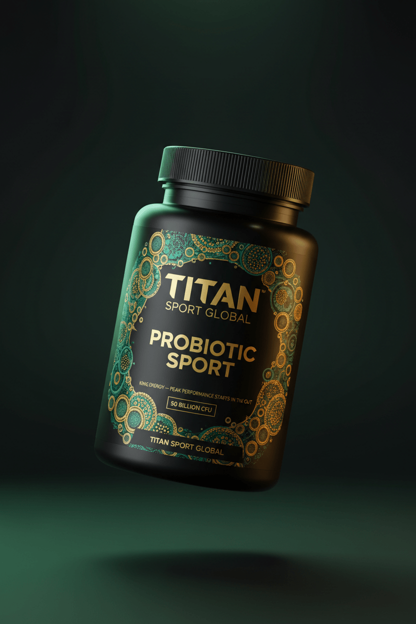 TITAN Probiotic Sport — Premium Black & Gold Cellular Design Supplement Bottle