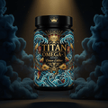 TITAN Omega-3 Fish Oil Softgels container with ocean waves, koi fish and crown tattoo-style Crown Edition artwork in deep ocean blue, teal and gold