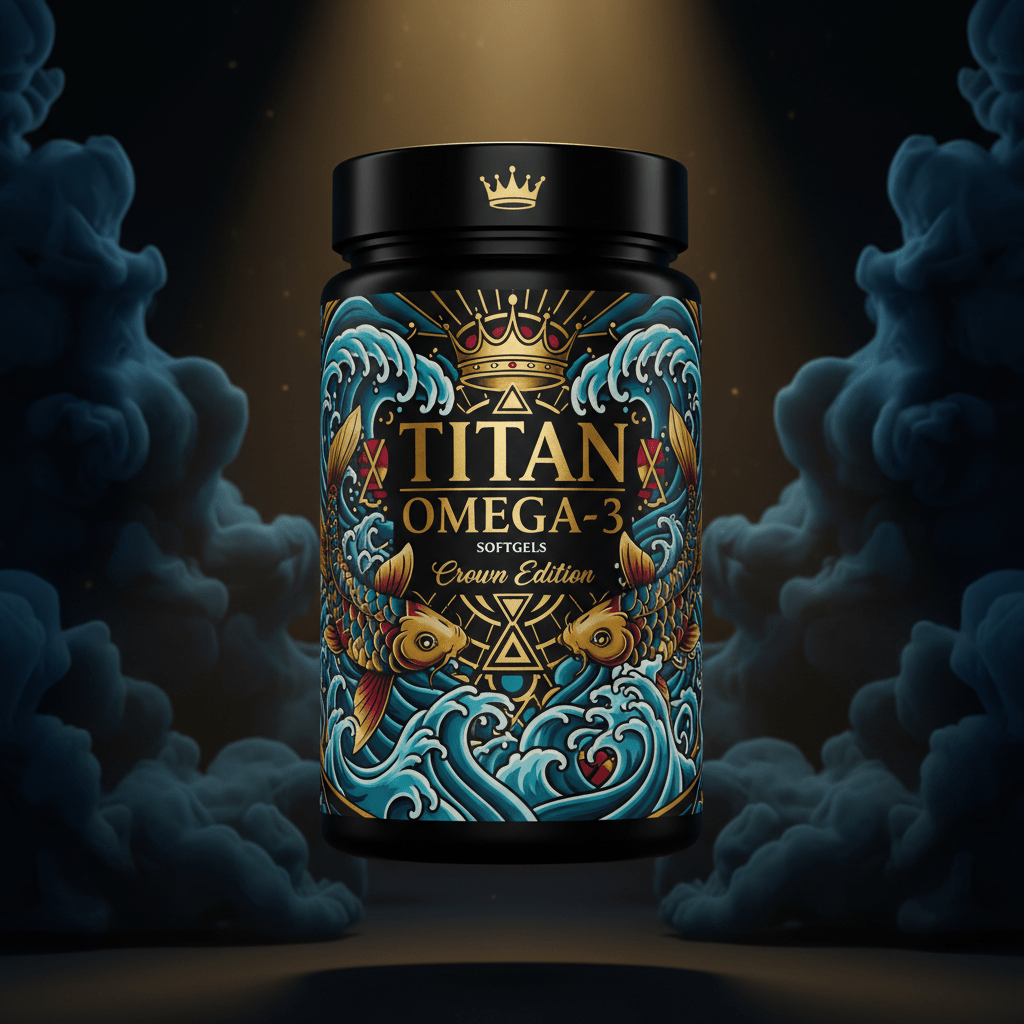 TITAN Omega-3 Fish Oil Softgels container with ocean waves, koi fish and crown tattoo-style Crown Edition artwork in deep ocean blue, teal and gold