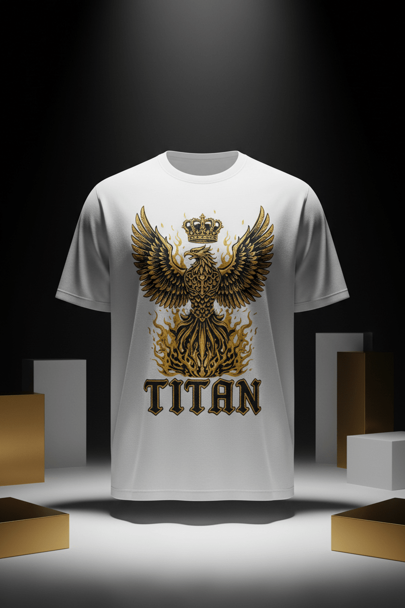 TITAN Phoenix Crown Graphic Tee in White Gold with gold phoenix crown graphic