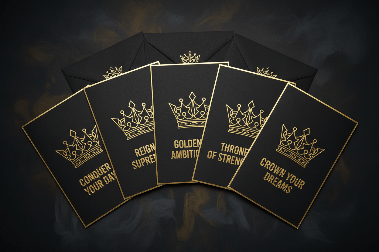 TITAN Motivational Greeting Cards 5-Pack — Black & Gold Crown Edition cards fanned out