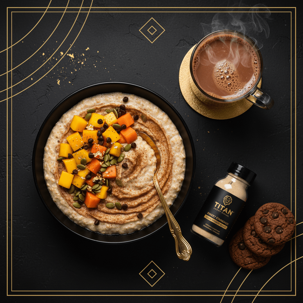 TITAN Mexican Cinnamon Mango Protein Oatmeal Breakfast flat lay dark luxury