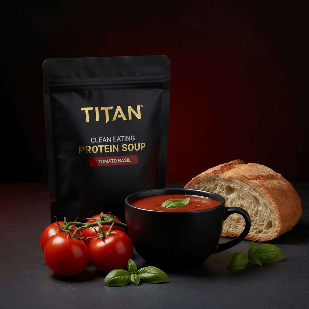 TITAN Clean Eating Protein Soup Tomato Basil — side-angle mug shot with rich red tomato basil soup, fresh basil and rustic bread