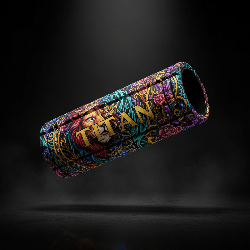 TITAN Foam Roller High-Density Muscle Recovery 18in with bold tattoo-style Crown Edition artwork