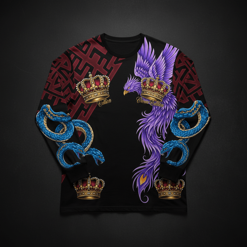 TITAN Crown Edition Tattoo Art Men's Lounge Long Sleeve - bold serpent phoenix tattoo artwork on matte black pima cotton