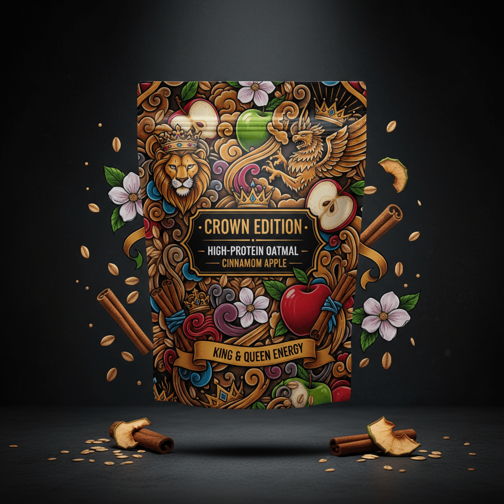 TITAN High-Protein Oatmeal Cinnamon Apple — Crown Edition bold tattoo-style artwork
